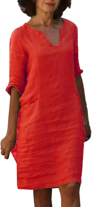 Women's Fashion Linen Short Dress Elegant Casual Half Sleeve Dresses Pullover V Neck Shirt Dresses for Women