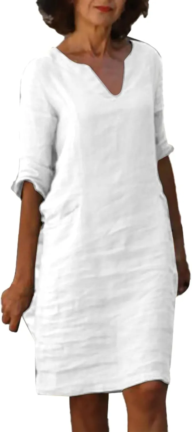 Women's Fashion Linen Short Dress Elegant Casual Half Sleeve Dresses Pullover V Neck Shirt Dresses for Women