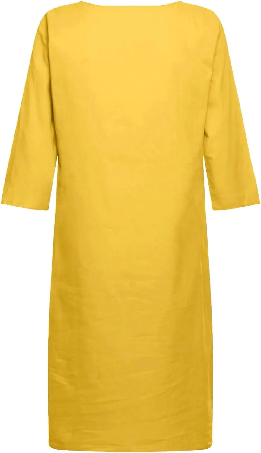 Women's Fashion Linen Short Dress Elegant Casual Half Sleeve Dresses Pullover V Neck Shirt Dresses for Women