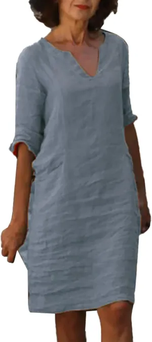 Women's Fashion Linen Short Dress Elegant Casual Half Sleeve Dresses Pullover V Neck Shirt Dresses for Women