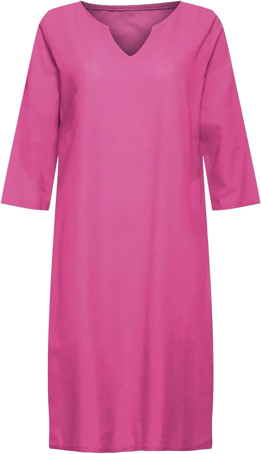 Women's Fashion Linen Short Dress Elegant Casual Half Sleeve Dresses Pullover V Neck Shirt Dresses for Women