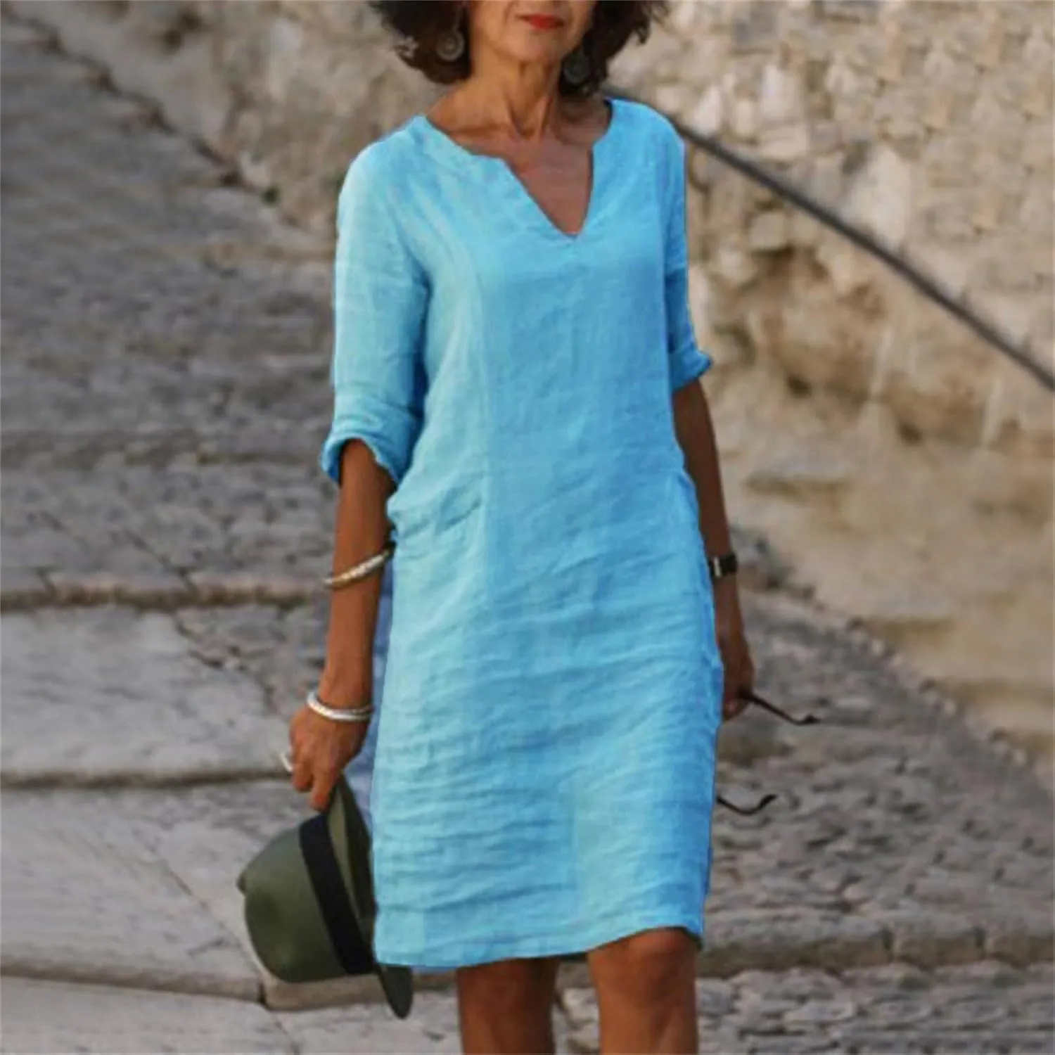 Women's Fashion Linen Short Dress Elegant Casual Half Sleeve Dresses Pullover V Neck Shirt Dresses for Women