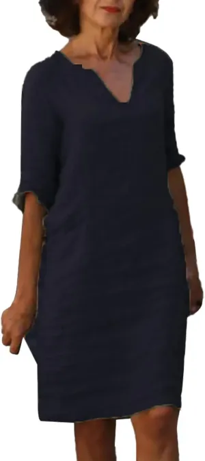 Women's Fashion Linen Short Dress Elegant Casual Half Sleeve Dresses Pullover V Neck Shirt Dresses for Women