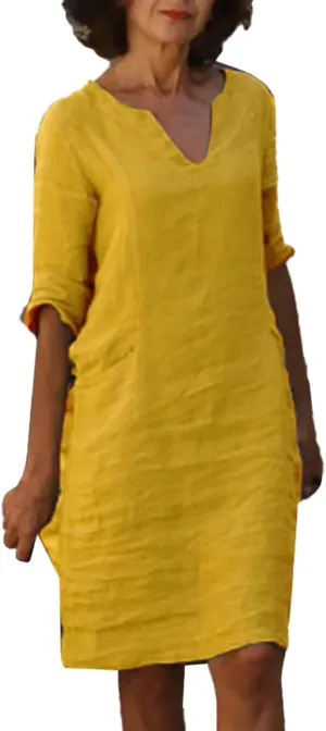 Women's Fashion Linen Short Dress Elegant Casual Half Sleeve Dresses Pullover V Neck Shirt Dresses for Women