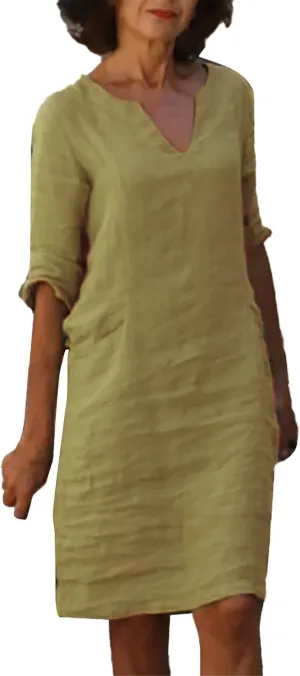 Women's Fashion Linen Short Dress Elegant Casual Half Sleeve Dresses Pullover V Neck Shirt Dresses for Women