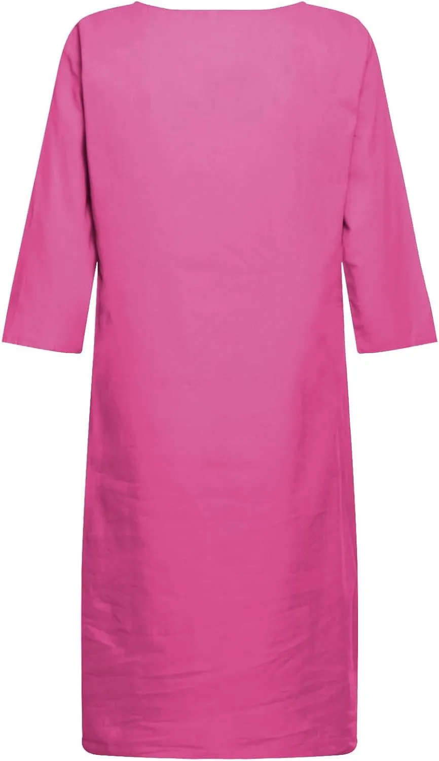 Women's Fashion Linen Short Dress Elegant Casual Half Sleeve Dresses Pullover V Neck Shirt Dresses for Women