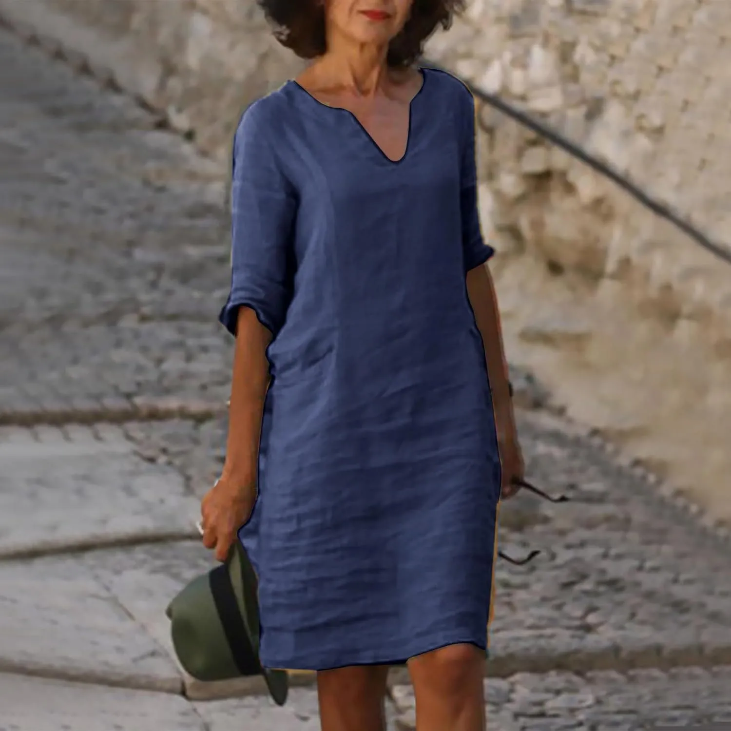 Women's Fashion Linen Short Dress Elegant Casual Half Sleeve Dresses Pullover V Neck Shirt Dresses for Women