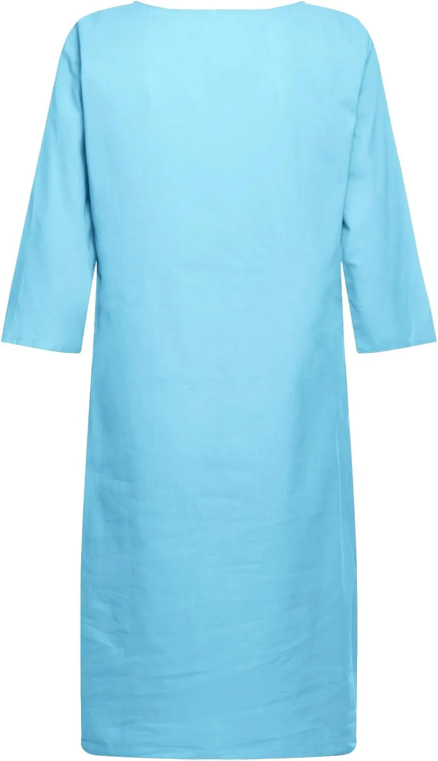 Women's Fashion Linen Short Dress Elegant Casual Half Sleeve Dresses Pullover V Neck Shirt Dresses for Women