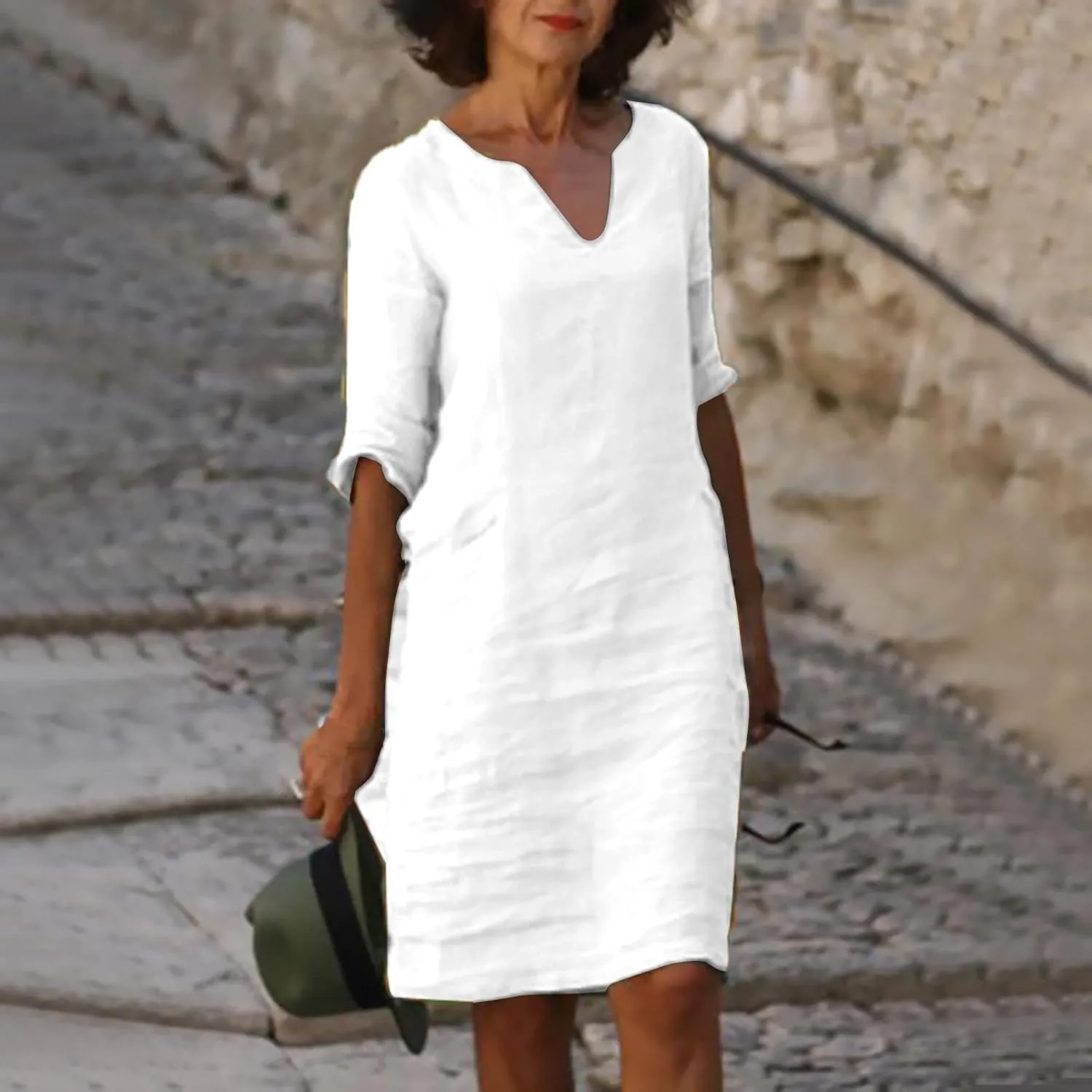 Women's Fashion Linen Short Dress Elegant Casual Half Sleeve Dresses Pullover V Neck Shirt Dresses for Women