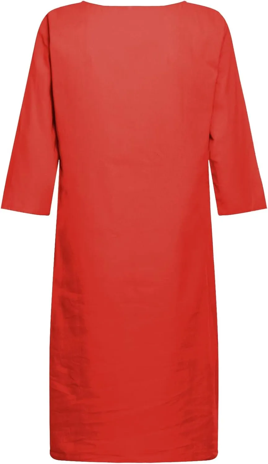 Women's Fashion Linen Short Dress Elegant Casual Half Sleeve Dresses Pullover V Neck Shirt Dresses for Women
