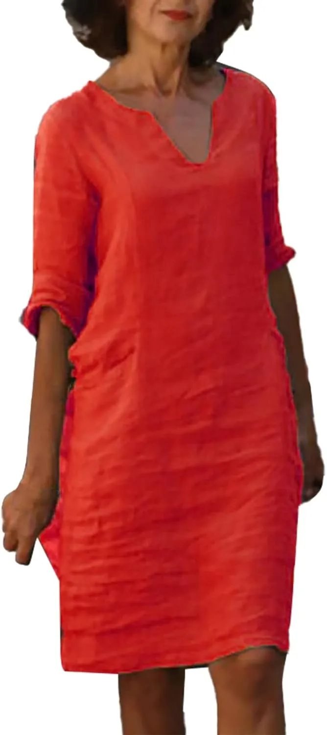 Women's Fashion Linen Short Dress Elegant Casual Half Sleeve Dresses Pullover V Neck Shirt Dresses for Women