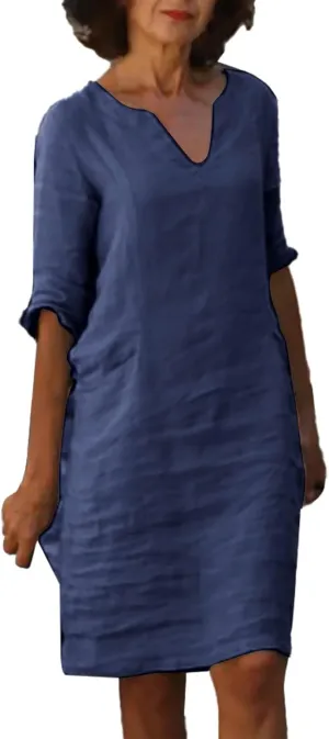Women's Fashion Linen Short Dress Elegant Casual Half Sleeve Dresses Pullover V Neck Shirt Dresses for Women