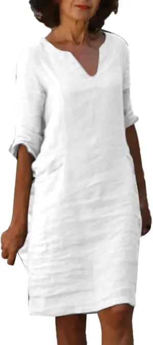 Women's Fashion Linen Short Dress Elegant Casual Half Sleeve Dresses Pullover V Neck Shirt Dresses for Women
