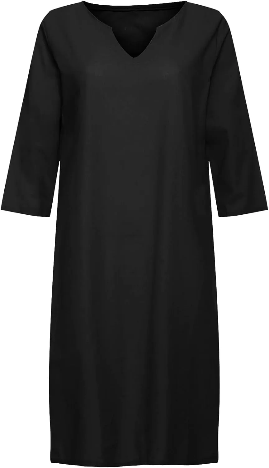 Women's Fashion Linen Short Dress Elegant Casual Half Sleeve Dresses Pullover V Neck Shirt Dresses for Women