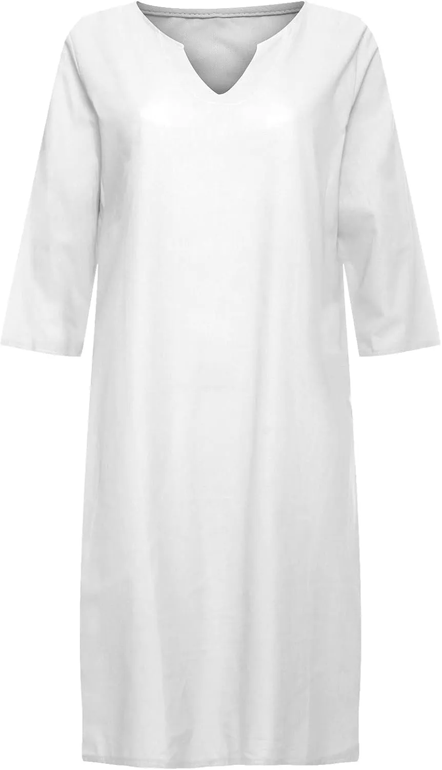 Women's Fashion Linen Short Dress Elegant Casual Half Sleeve Dresses Pullover V Neck Shirt Dresses for Women