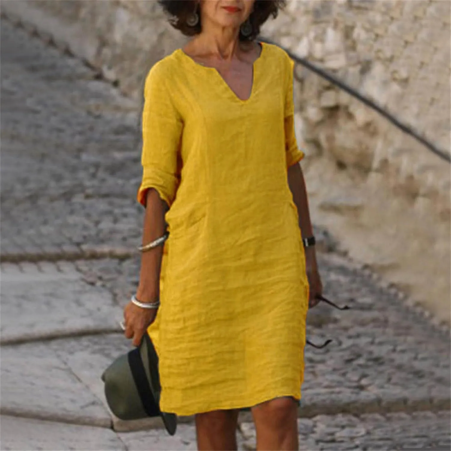 Women's Fashion Linen Short Dress Elegant Casual Half Sleeve Dresses Pullover V Neck Shirt Dresses for Women