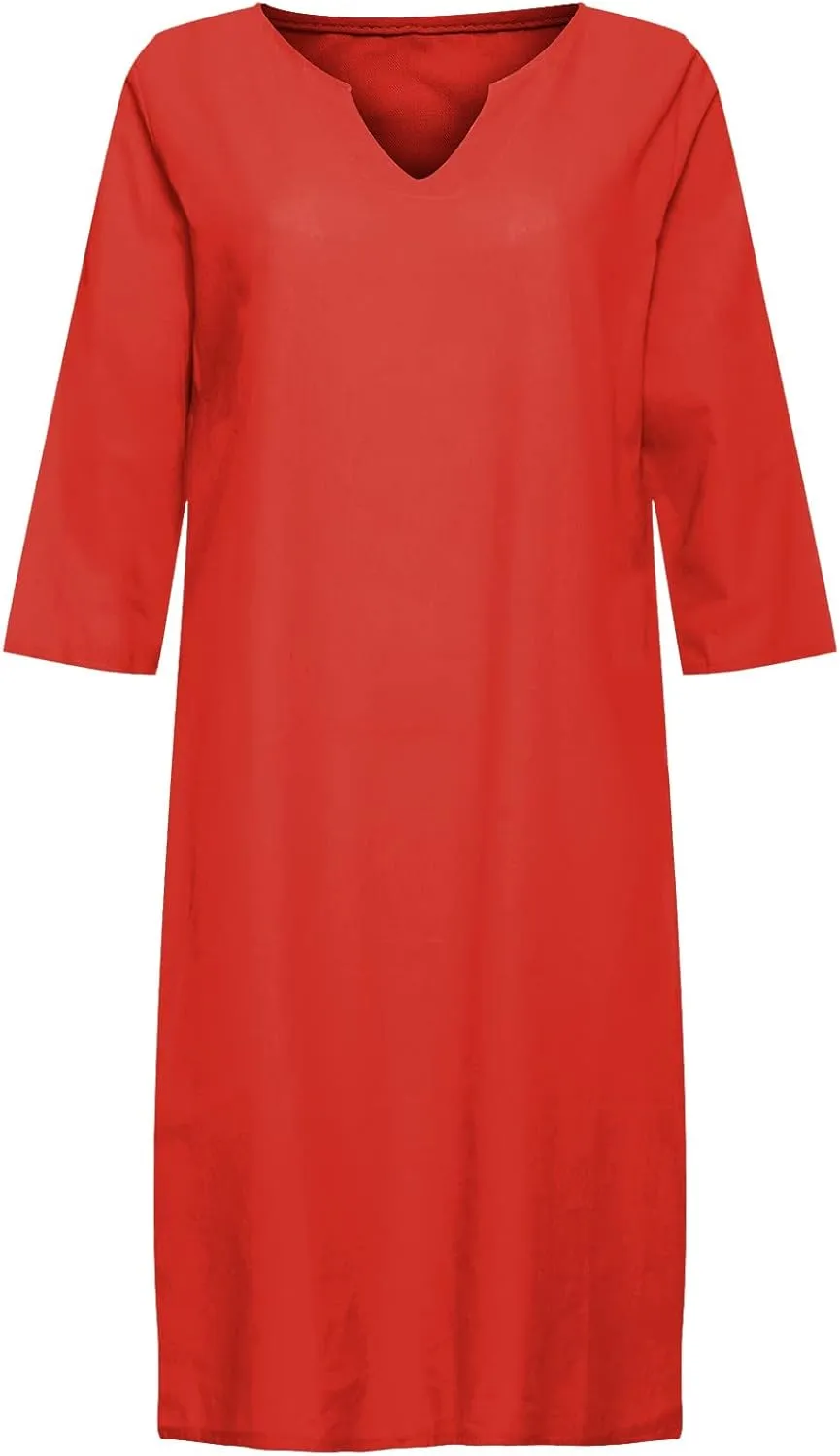 Women's Fashion Linen Short Dress Elegant Casual Half Sleeve Dresses Pullover V Neck Shirt Dresses for Women