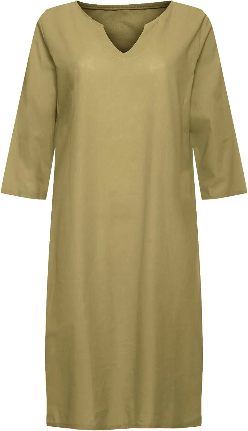 Women's Fashion Linen Short Dress Elegant Casual Half Sleeve Dresses Pullover V Neck Shirt Dresses for Women