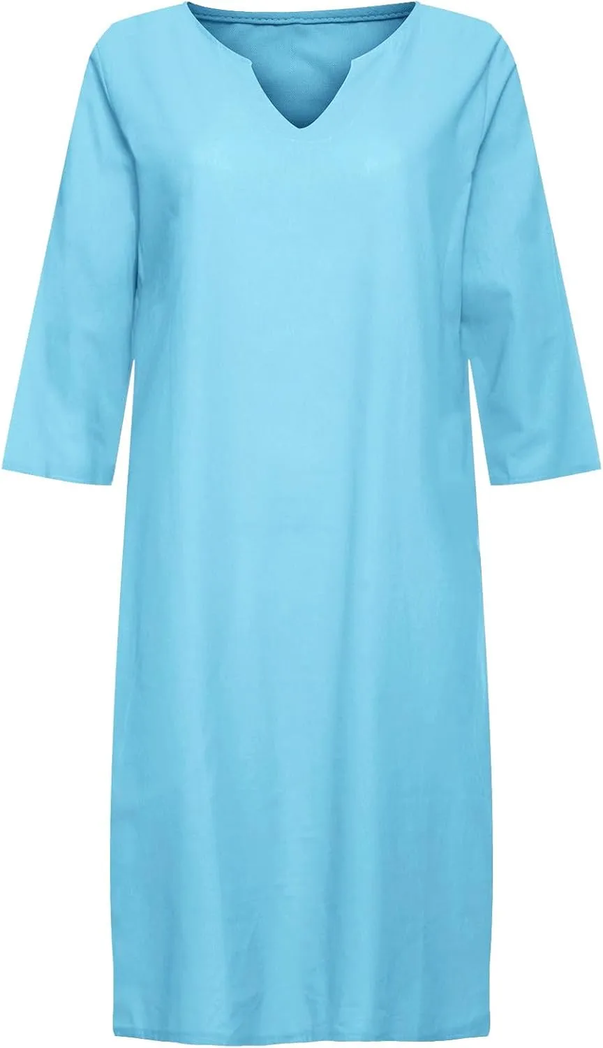 Women's Fashion Linen Short Dress Elegant Casual Half Sleeve Dresses Pullover V Neck Shirt Dresses for Women
