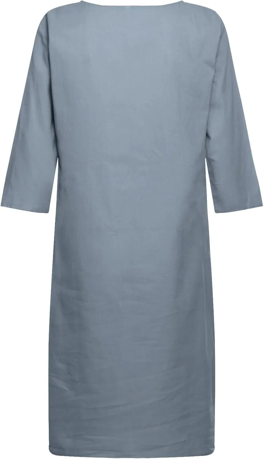 Women's Fashion Linen Short Dress Elegant Casual Half Sleeve Dresses Pullover V Neck Shirt Dresses for Women