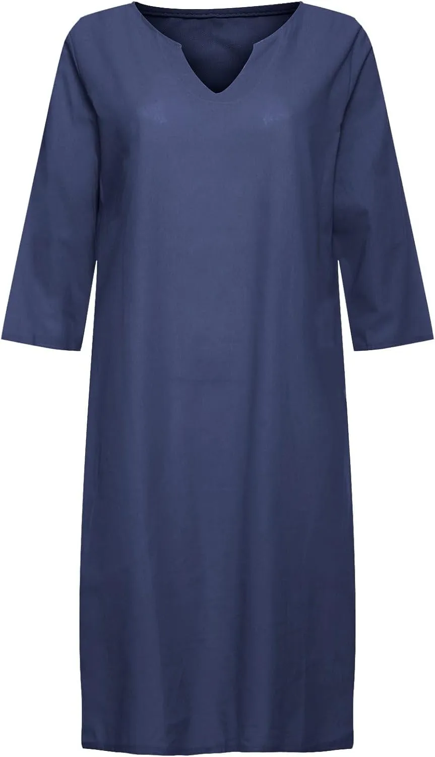 Women's Fashion Linen Short Dress Elegant Casual Half Sleeve Dresses Pullover V Neck Shirt Dresses for Women