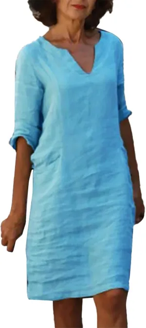 Women's Fashion Linen Short Dress Elegant Casual Half Sleeve Dresses Pullover V Neck Shirt Dresses for Women
