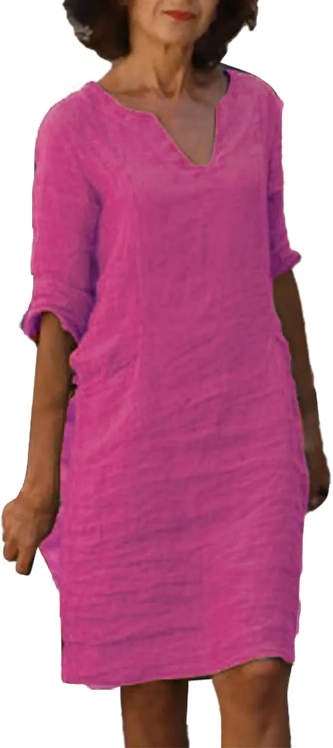 Women's Fashion Linen Short Dress Elegant Casual Half Sleeve Dresses Pullover V Neck Shirt Dresses for Women