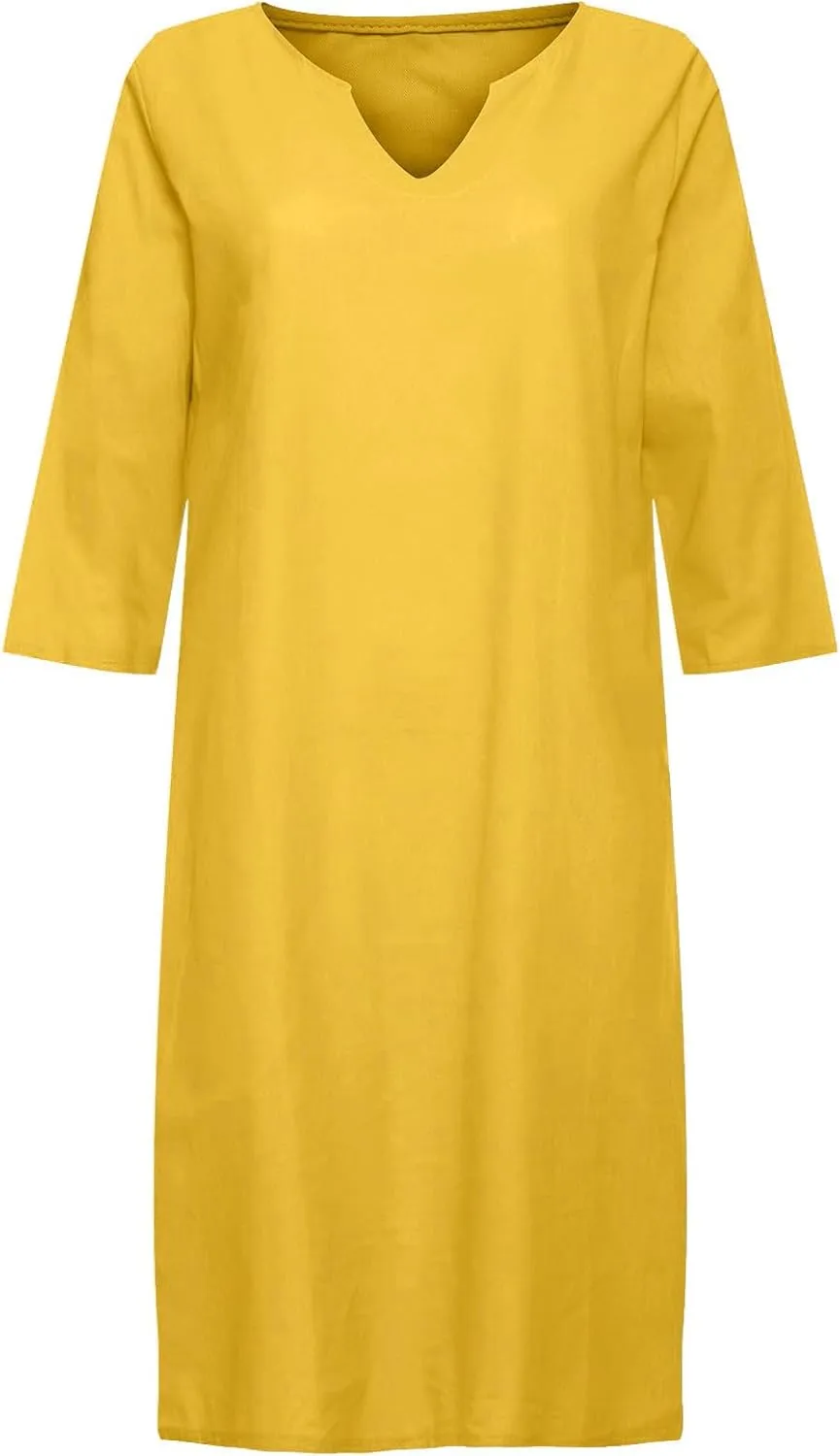 Women's Fashion Linen Short Dress Elegant Casual Half Sleeve Dresses Pullover V Neck Shirt Dresses for Women