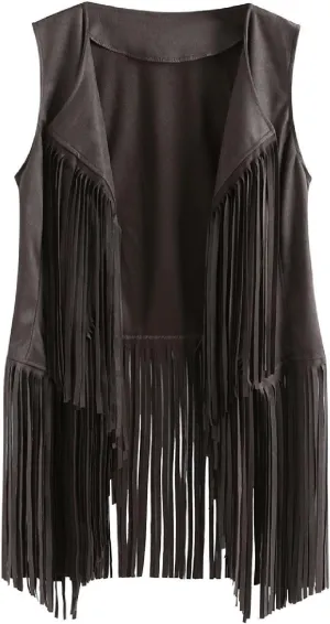 Womens Faux Suede Tassels Vest Vintage 70s Hippie Sleeveless Cowgirl Western Vest Open Front Cardigan Jackets