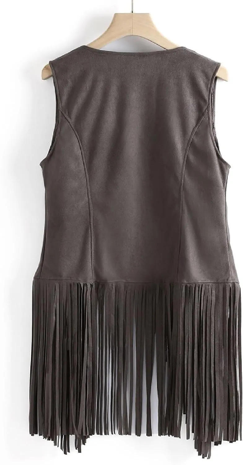 Womens Faux Suede Tassels Vest Vintage 70s Hippie Sleeveless Cowgirl Western Vest Open Front Cardigan Jackets
