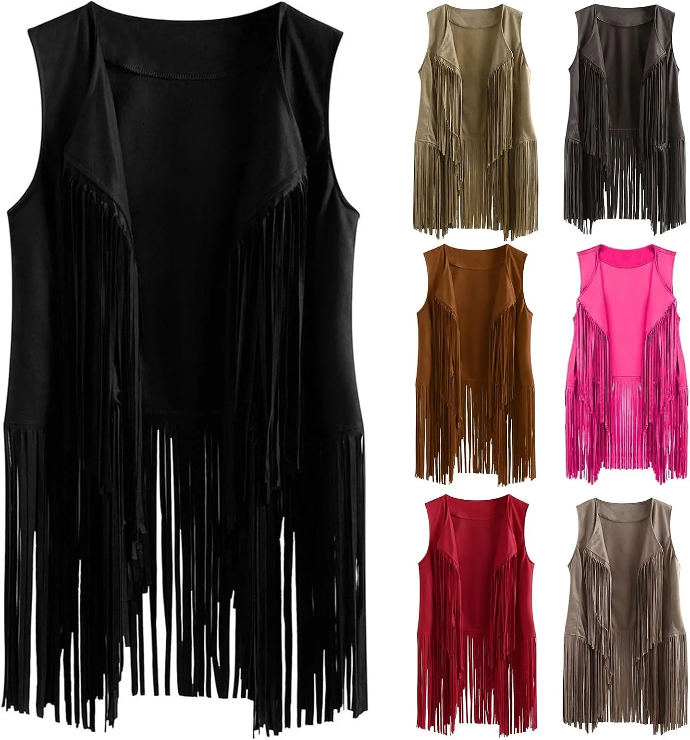 Womens Faux Suede Tassels Vest Vintage 70s Hippie Sleeveless Cowgirl Western Vest Open Front Cardigan Jackets