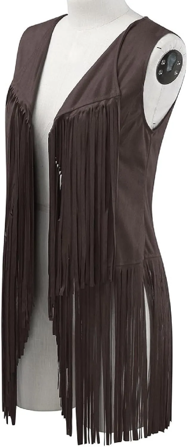 Womens Faux Suede Tassels Vest Vintage 70s Hippie Sleeveless Cowgirl Western Vest Open Front Cardigan Jackets