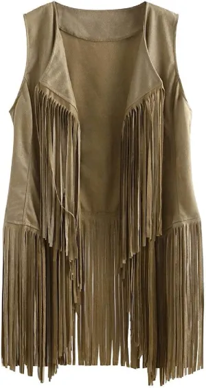 Womens Faux Suede Tassels Vest Vintage 70s Hippie Sleeveless Cowgirl Western Vest Open Front Cardigan Jackets