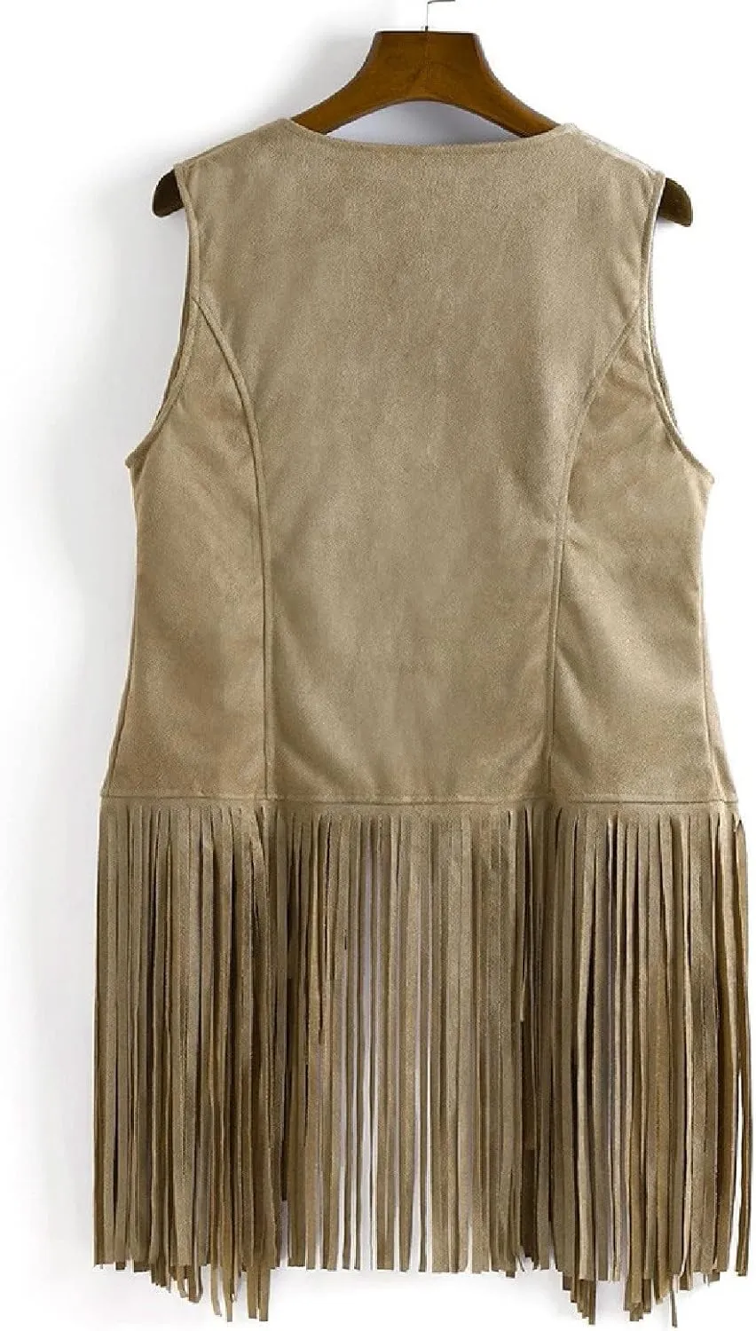 Womens Faux Suede Tassels Vest Vintage 70s Hippie Sleeveless Cowgirl Western Vest Open Front Cardigan Jackets