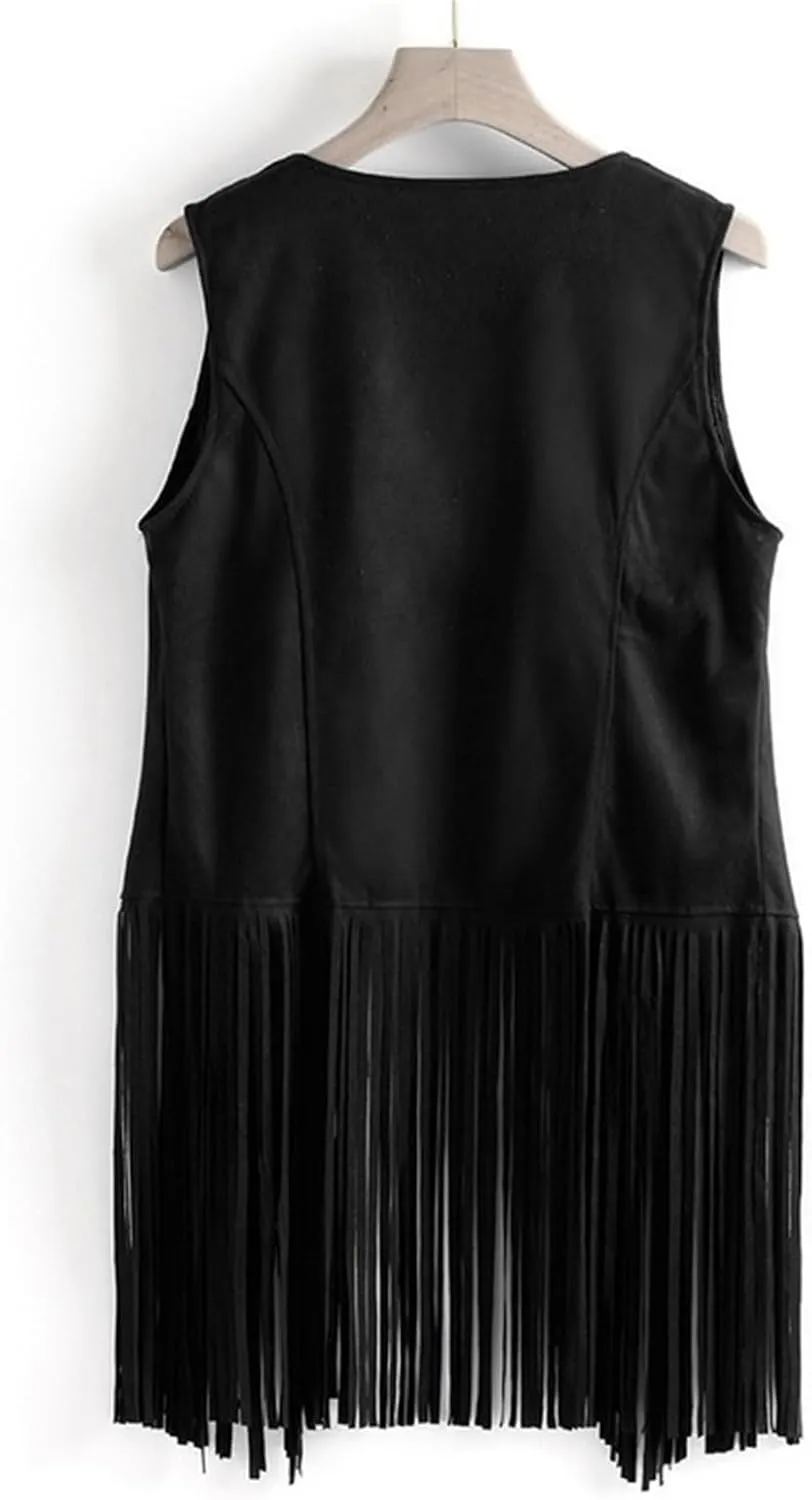 Womens Faux Suede Tassels Vest Vintage 70s Hippie Sleeveless Cowgirl Western Vest Open Front Cardigan Jackets
