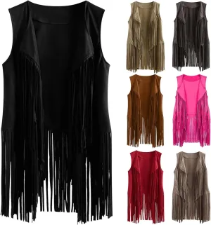 Womens Faux Suede Tassels Vest Vintage 70s Hippie Sleeveless Cowgirl Western Vest Open Front Cardigan Jackets