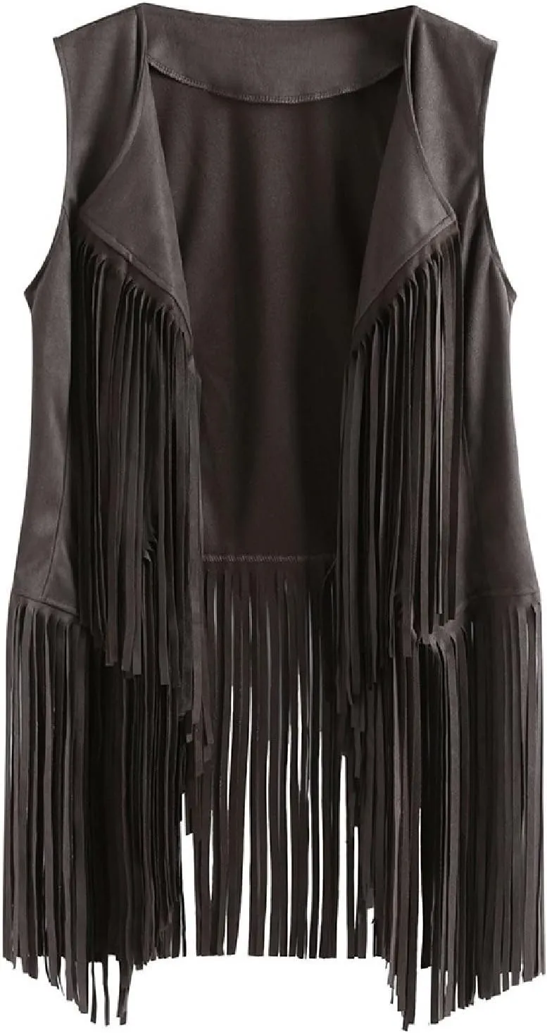 Womens Faux Suede Tassels Vest Vintage 70s Hippie Sleeveless Cowgirl Western Vest Open Front Cardigan Jackets