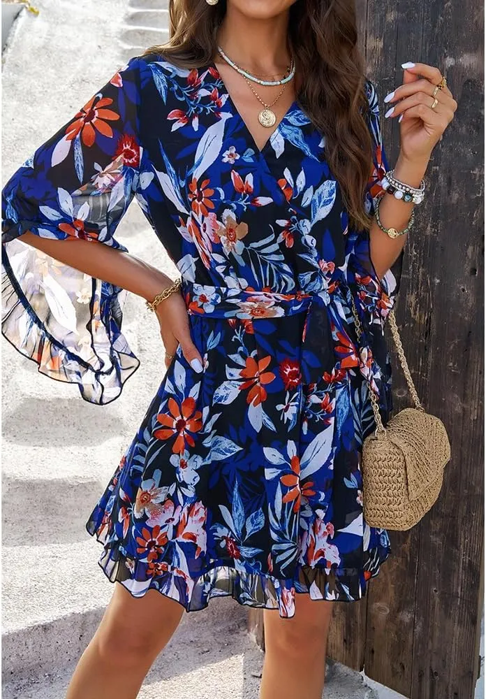 Womens Floral Mini Dress V Neck High Waist with Belt Short Flowy Dresses 3/4 Sleeve Ruffle Tiered Dress