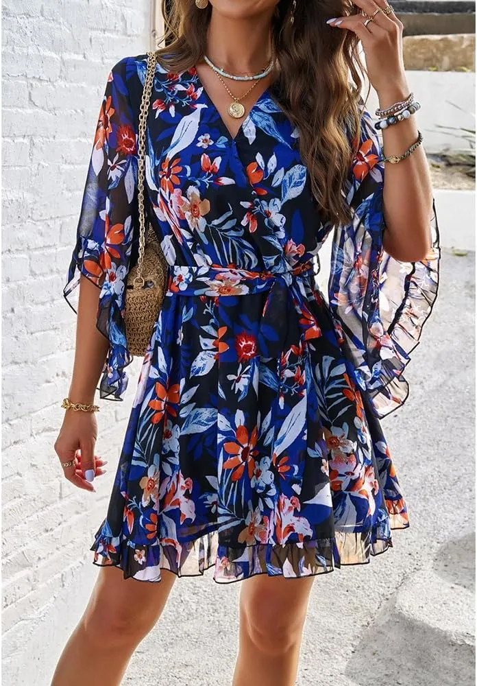 Womens Floral Mini Dress V Neck High Waist with Belt Short Flowy Dresses 3/4 Sleeve Ruffle Tiered Dress