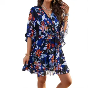 Womens Floral Mini Dress V Neck High Waist with Belt Short Flowy Dresses 3/4 Sleeve Ruffle Tiered Dress