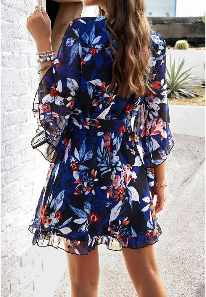 Womens Floral Mini Dress V Neck High Waist with Belt Short Flowy Dresses 3/4 Sleeve Ruffle Tiered Dress