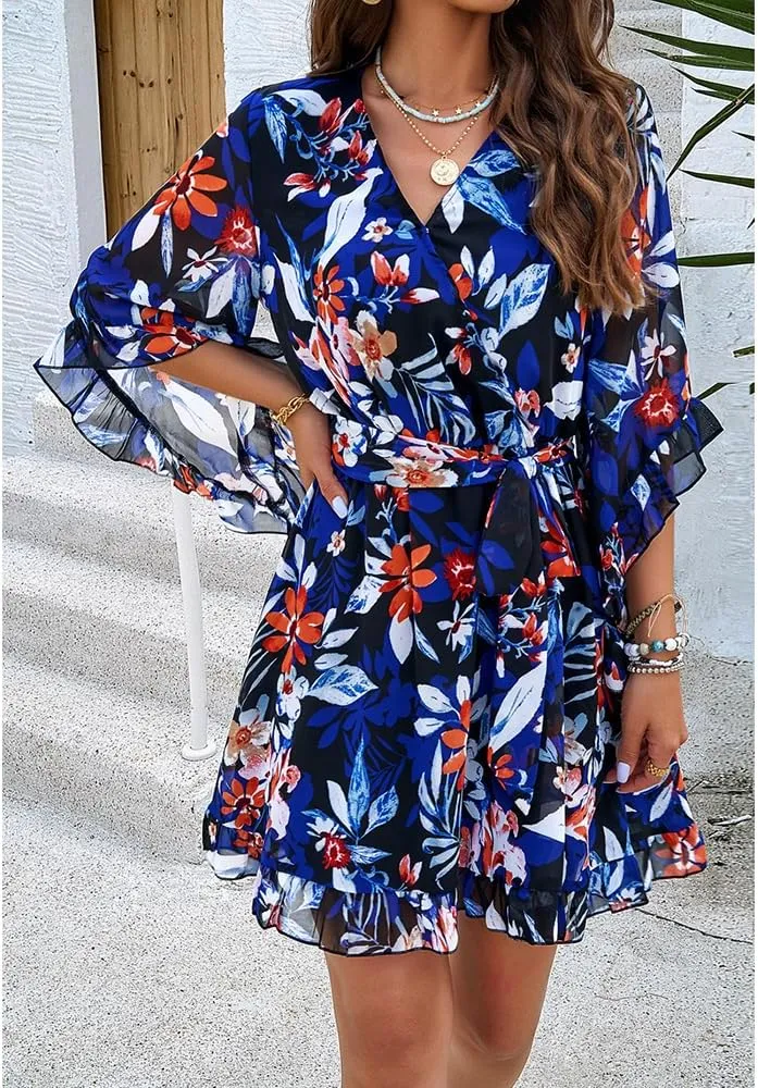 Womens Floral Mini Dress V Neck High Waist with Belt Short Flowy Dresses 3/4 Sleeve Ruffle Tiered Dress