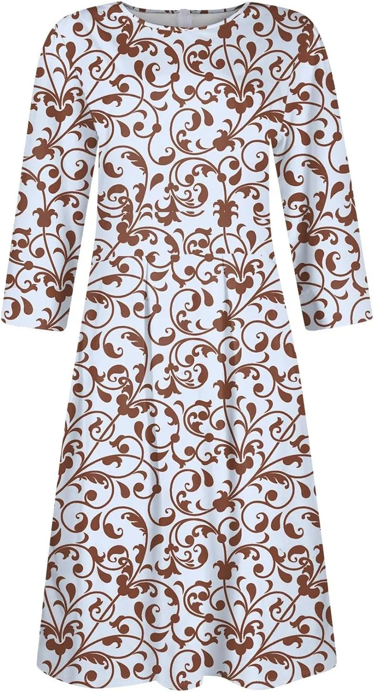 Women's Floral Print A-Line Midi Dress with 3/4 Sleeves Elegant Casual Wear for Spring and Summer Outings