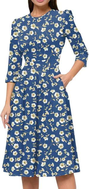 Women's Floral Print A-Line Midi Dress with 3/4 Sleeves Elegant Casual Wear for Spring and Summer Outings