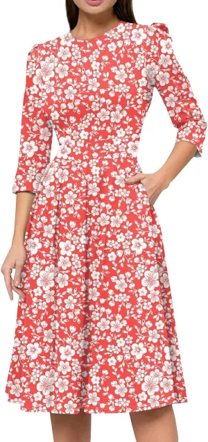 Women's Floral Print A-Line Midi Dress with 3/4 Sleeves Elegant Casual Wear for Spring and Summer Outings