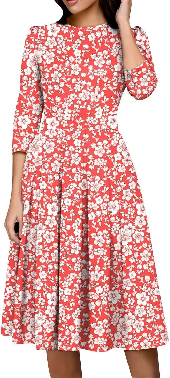 Women's Floral Print A-Line Midi Dress with 3/4 Sleeves Elegant Casual Wear for Spring and Summer Outings