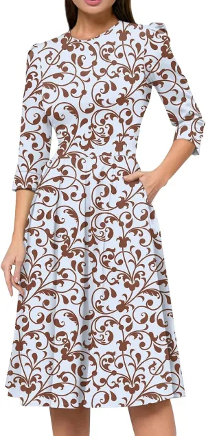 Women's Floral Print A-Line Midi Dress with 3/4 Sleeves Elegant Casual Wear for Spring and Summer Outings