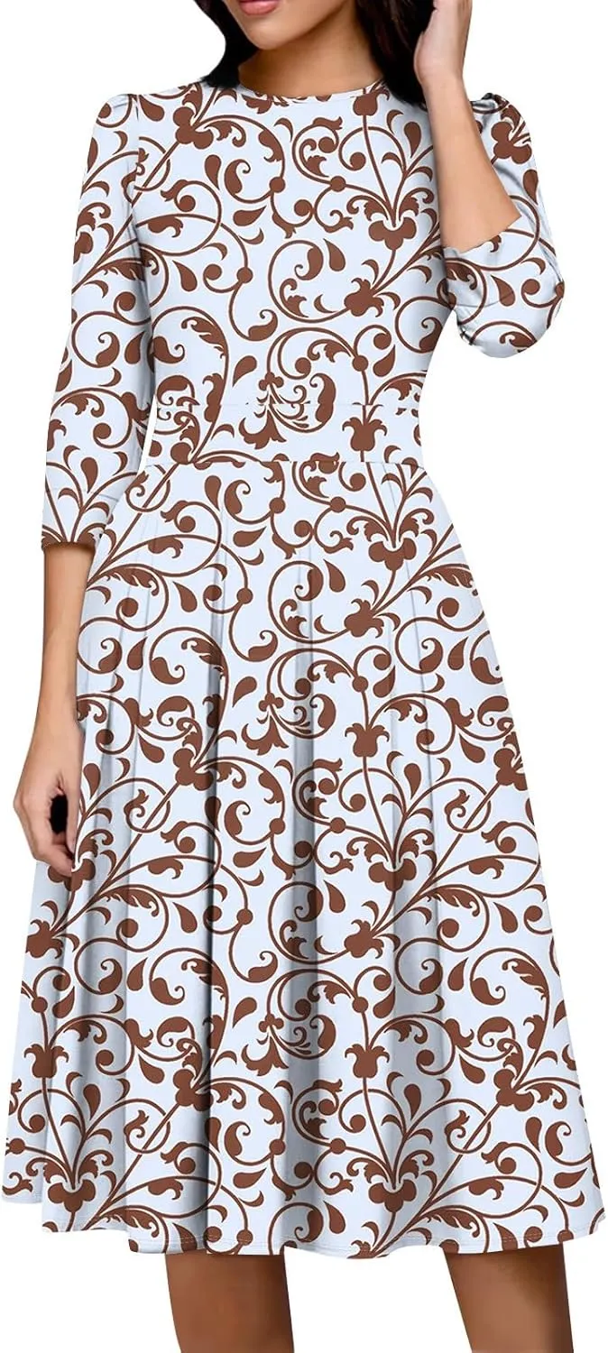 Women's Floral Print A-Line Midi Dress with 3/4 Sleeves Elegant Casual Wear for Spring and Summer Outings