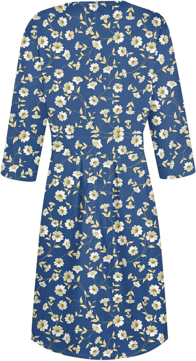 Women's Floral Print A-Line Midi Dress with 3/4 Sleeves Elegant Casual Wear for Spring and Summer Outings