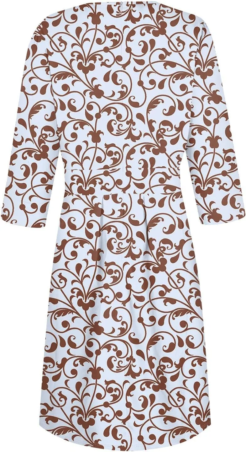 Women's Floral Print A-Line Midi Dress with 3/4 Sleeves Elegant Casual Wear for Spring and Summer Outings